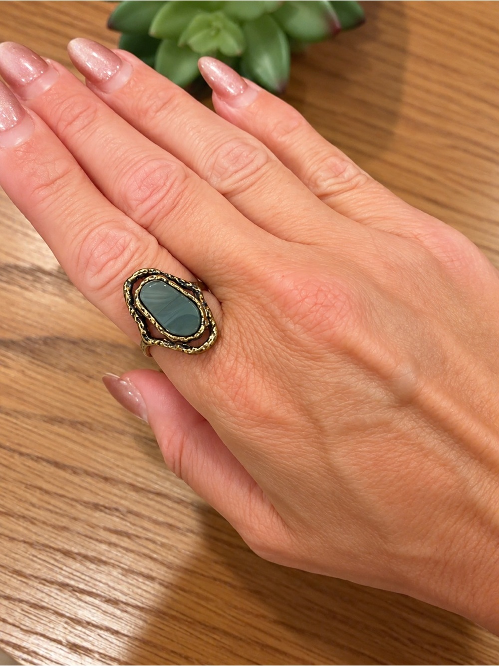 Vintage-Style Green/Blue Gray Banded Stone Brutalist-Style Bronze Statement Ring